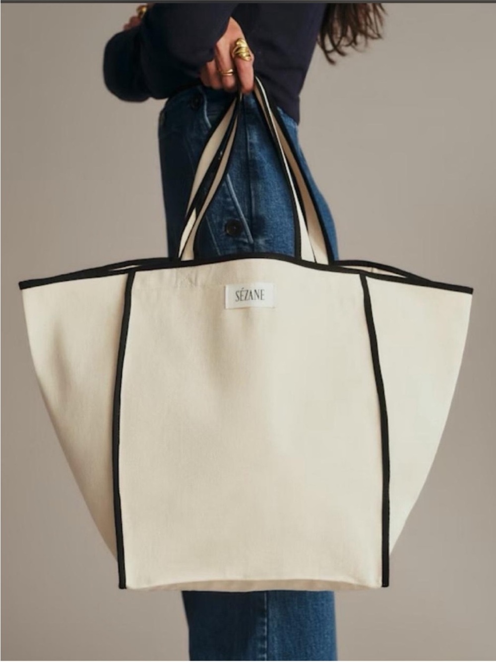Sezane Cream Canvas Tote with Black Trim